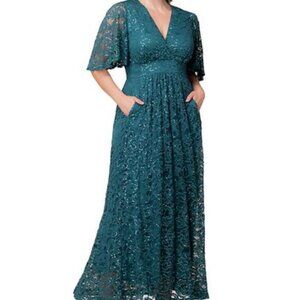 Kiyonna Teal Topaz Luminous Sequin Lace Evening Gown with Pockets